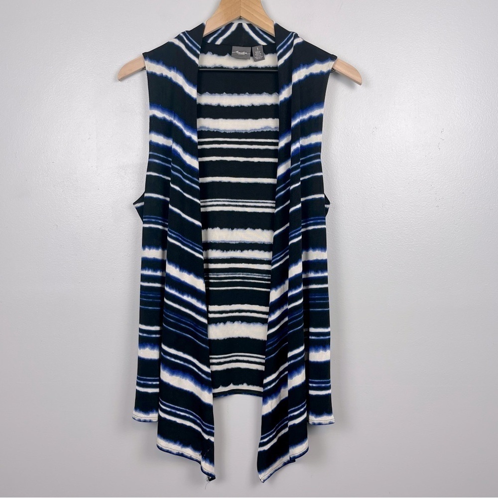 Travelers by Chico’s open front blue & black striped vest, size medium.